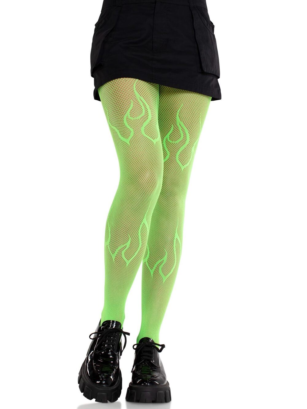 3262 ’s Alt Fashion Flame Fishnet Tights with Designs, Neon Green, One Size